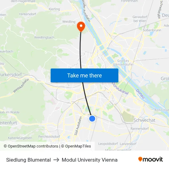 Siedlung Blumental to Modul University Vienna map