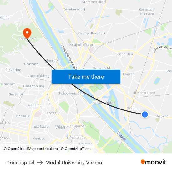 Donauspital to Modul University Vienna map