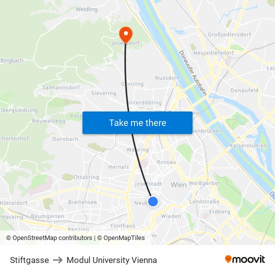 Stiftgasse to Modul University Vienna map