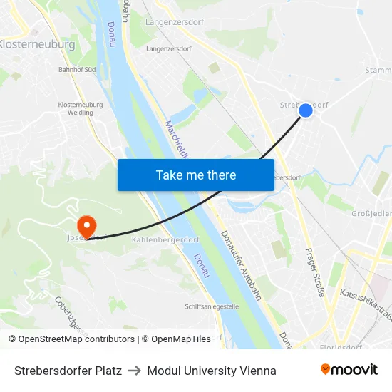 Strebersdorfer Platz to Modul University Vienna map