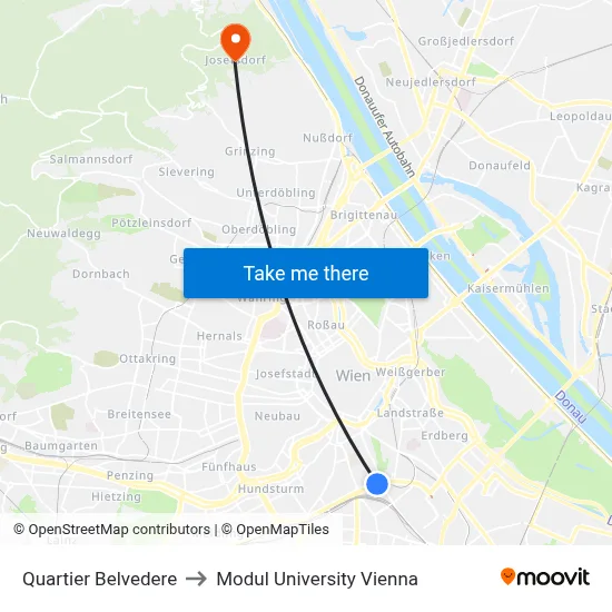 Quartier Belvedere to Modul University Vienna map