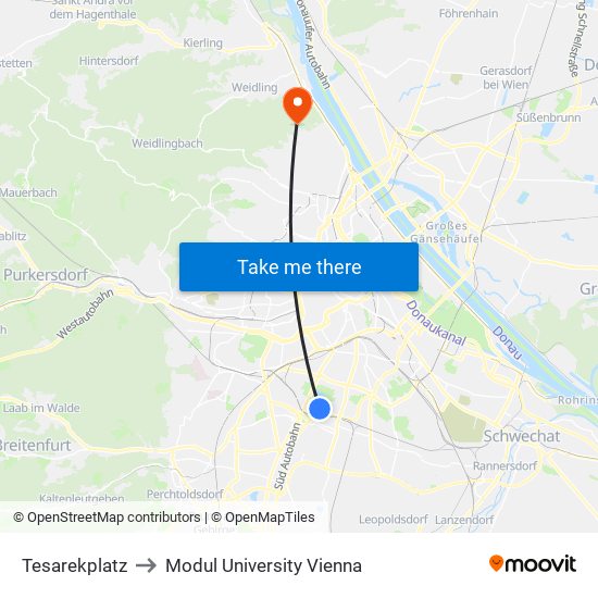Tesarekplatz to Modul University Vienna map