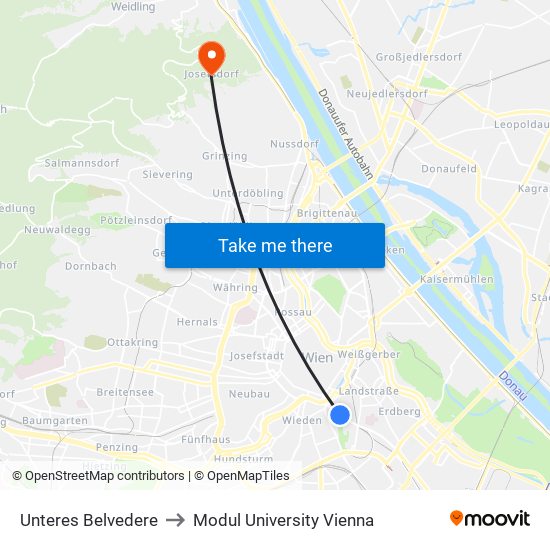 Unteres Belvedere to Modul University Vienna map