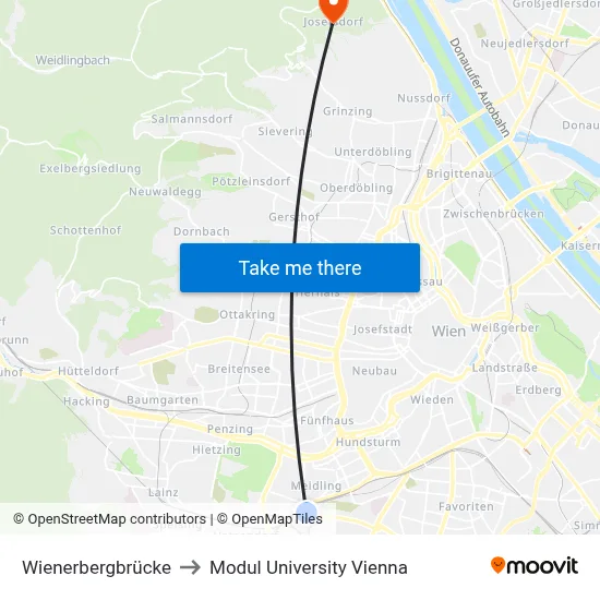 Wienerbergbrücke to Modul University Vienna map