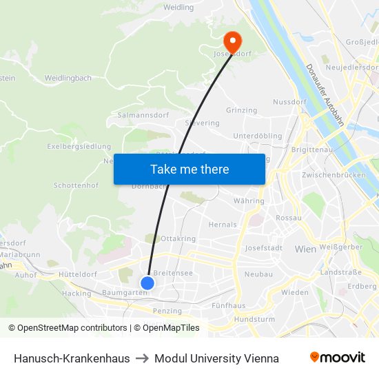 Hanusch-Krankenhaus to Modul University Vienna map