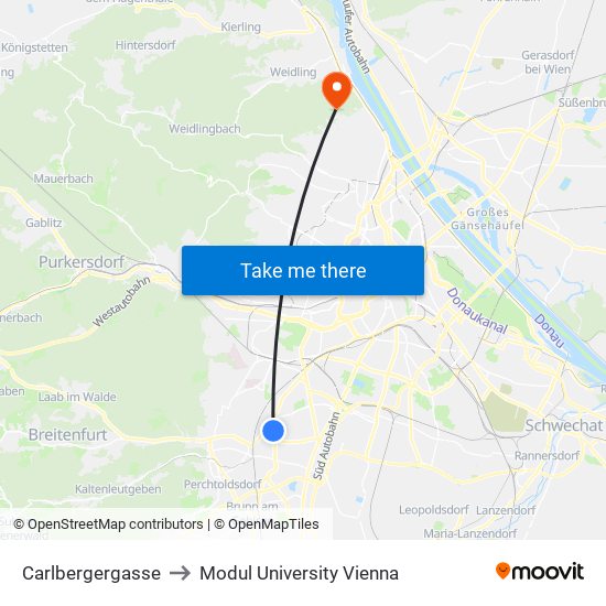 Carlbergergasse to Modul University Vienna map