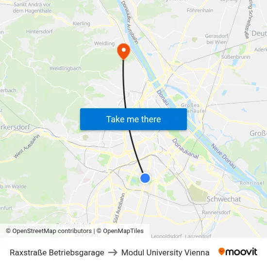 Raxstraße Betriebsgarage to Modul University Vienna map