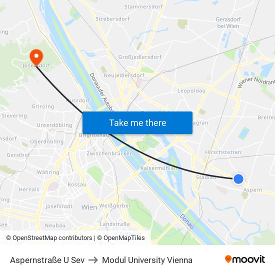 Aspernstraße U Sev to Modul University Vienna map