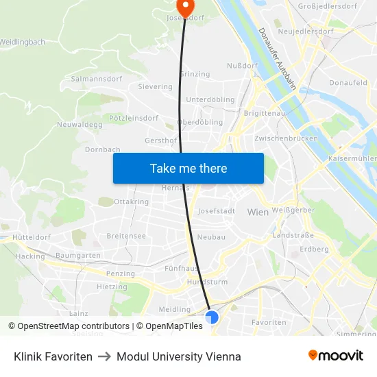 Klinik Favoriten to Modul University Vienna map