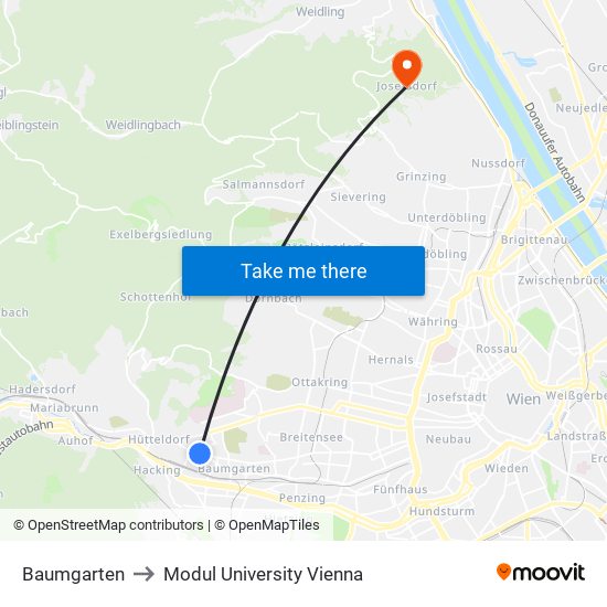 Baumgarten to Modul University Vienna map