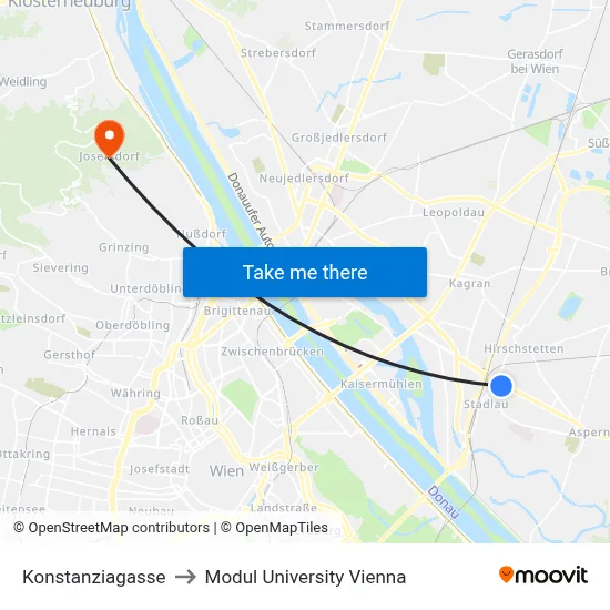 Konstanziagasse to Modul University Vienna map