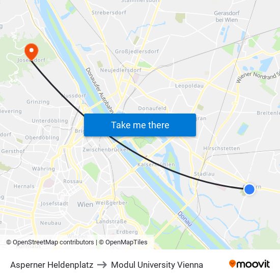 Asperner Heldenplatz to Modul University Vienna map