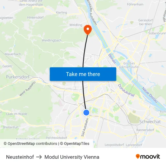 Neusteinhof to Modul University Vienna map
