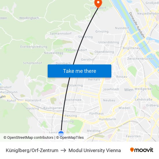 Küniglberg/Orf-Zentrum to Modul University Vienna map