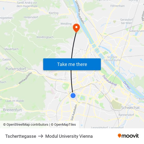 Tscherttegasse to Modul University Vienna map