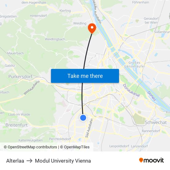 Alterlaa to Modul University Vienna map