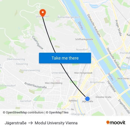 Jägerstraße to Modul University Vienna map