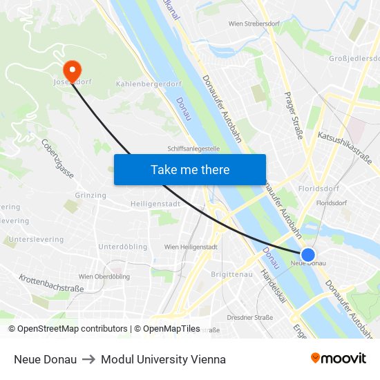 Neue Donau to Modul University Vienna map