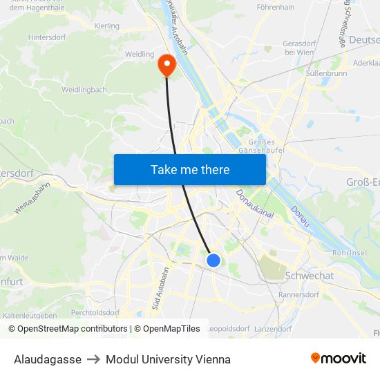 Alaudagasse to Modul University Vienna map