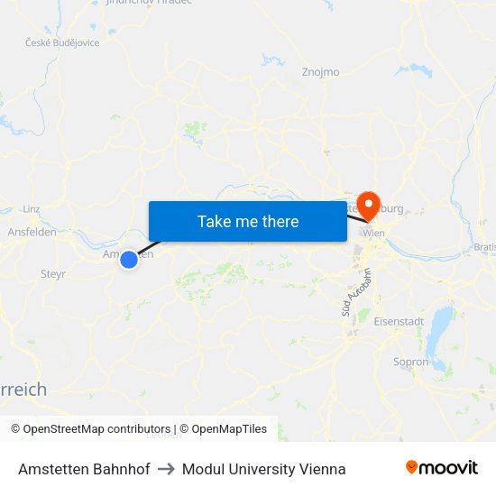 Amstetten Bahnhof to Modul University Vienna map