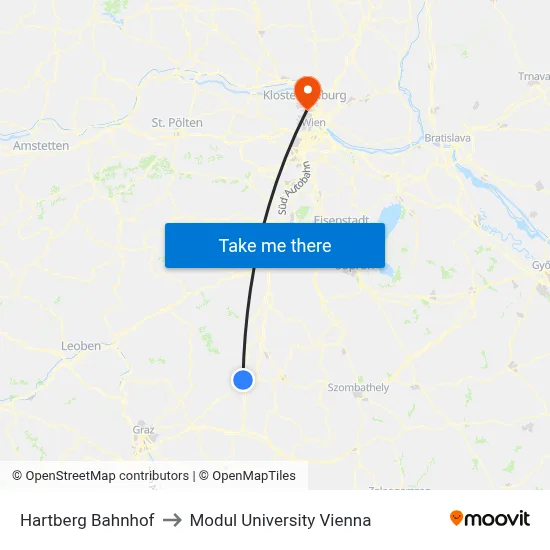 Hartberg Bahnhof to Modul University Vienna map