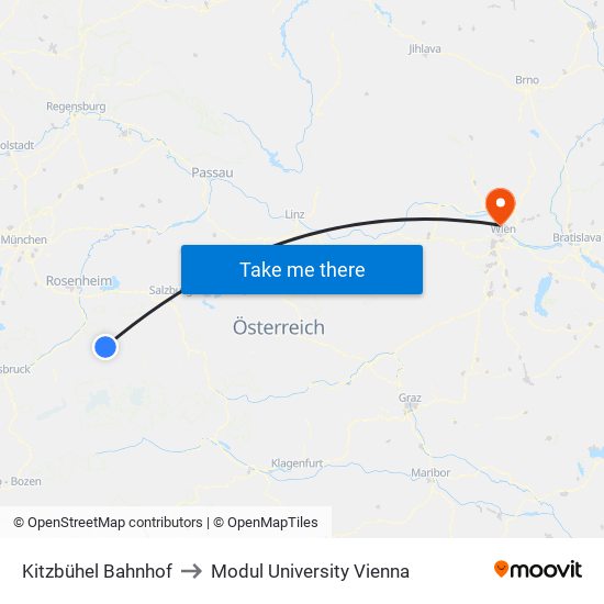 Kitzbühel Bahnhof to Modul University Vienna map