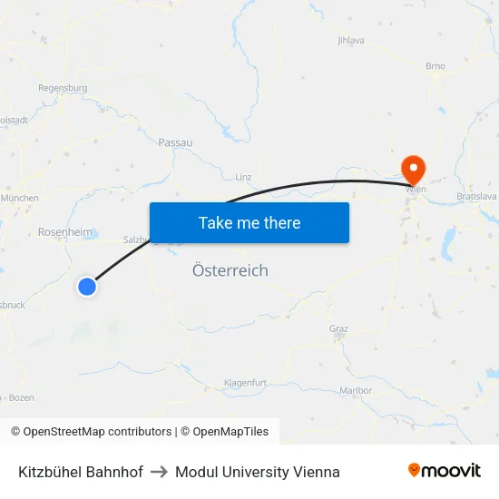 Kitzbühel Bahnhof to Modul University Vienna map