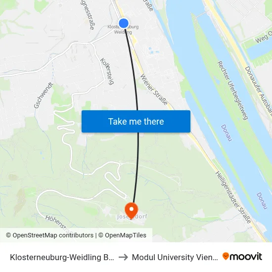 Klosterneuburg-Weidling Bhf. to Modul University Vienna map