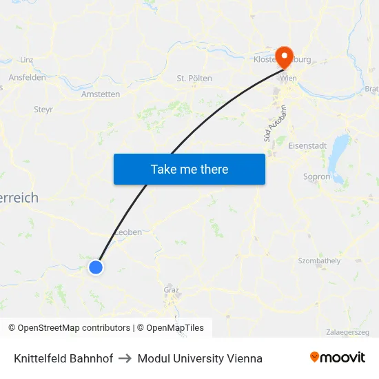 Knittelfeld Bahnhof to Modul University Vienna map