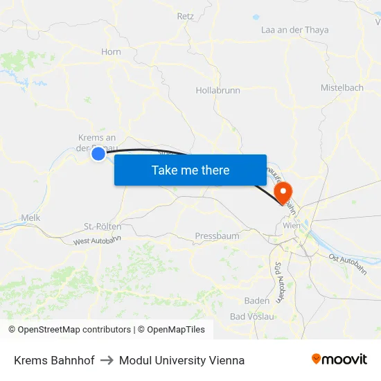 Krems Bahnhof to Modul University Vienna map