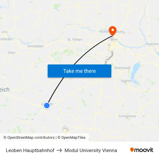 Leoben Hauptbahnhof to Modul University Vienna map