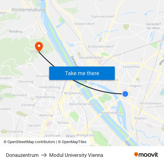 Donauzentrum to Modul University Vienna map
