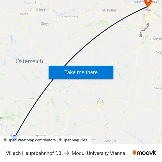 Villach Hauptbahnhof D3 to Modul University Vienna map