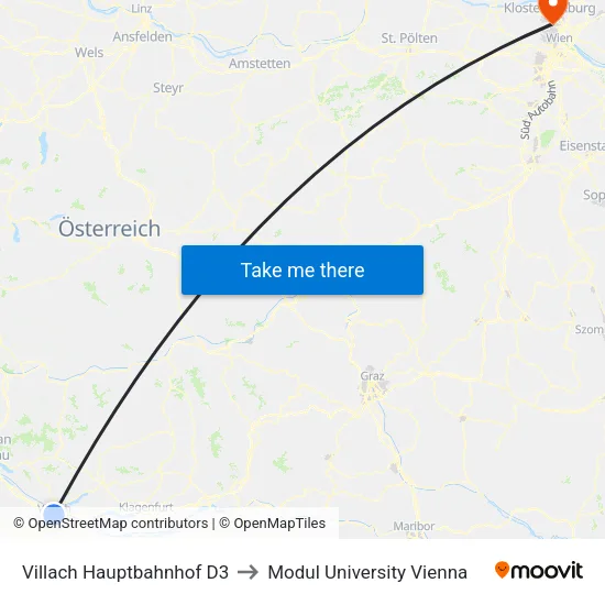 Villach Hauptbahnhof to Modul University Vienna map