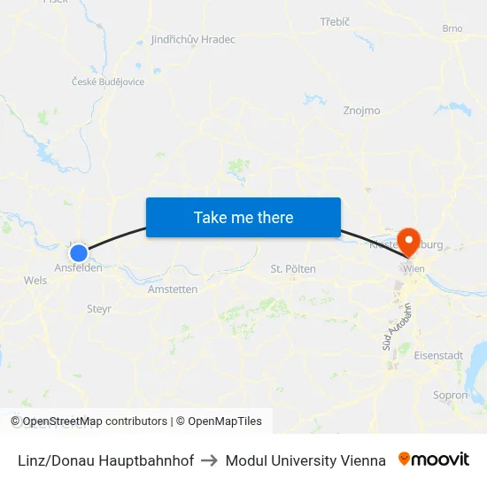 Linz/Donau Hauptbahnhof to Modul University Vienna map