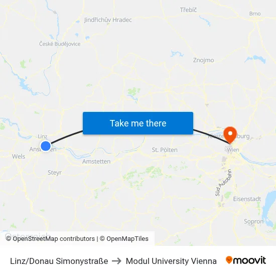 Linz/Donau Simonystraße to Modul University Vienna map