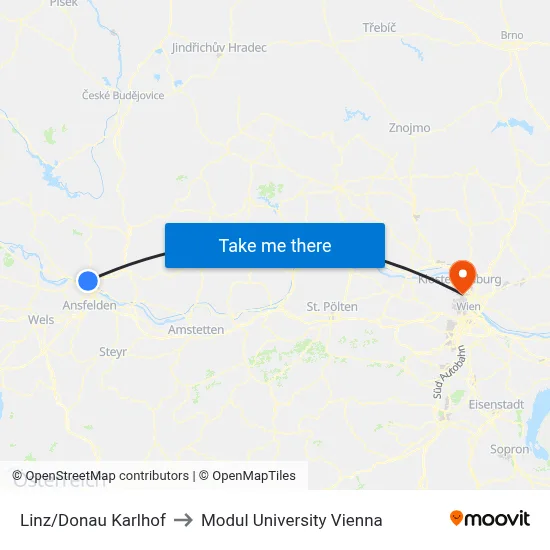 Linz/Donau Karlhof to Modul University Vienna map