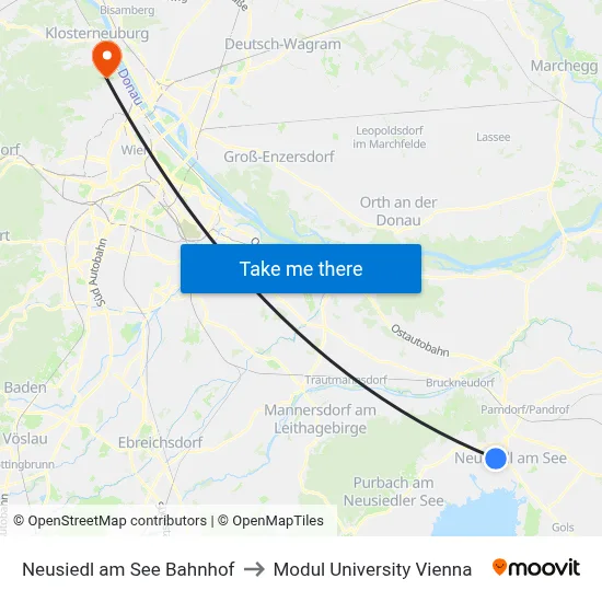 Neusiedl am See Bahnhof to Modul University Vienna map