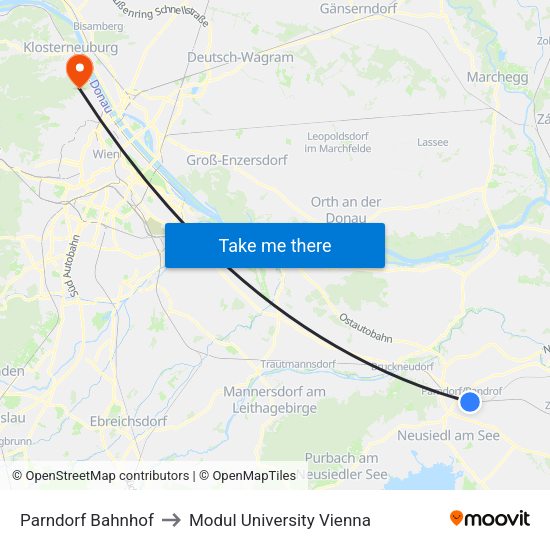 Parndorf Bahnhof to Modul University Vienna map