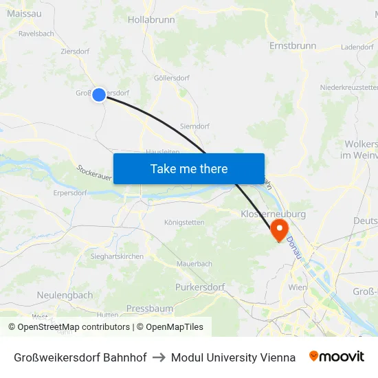 Großweikersdorf Bahnhof to Modul University Vienna map