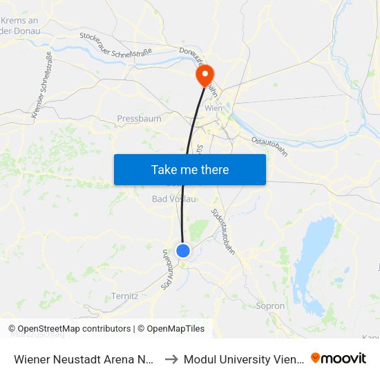 Wiener Neustadt Arena Nova to Modul University Vienna map