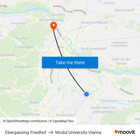 Ebergassing Friedhof to Modul University Vienna map