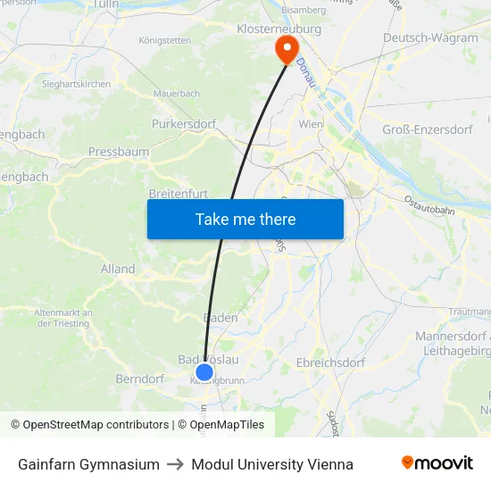 Gainfarn Gymnasium to Modul University Vienna map