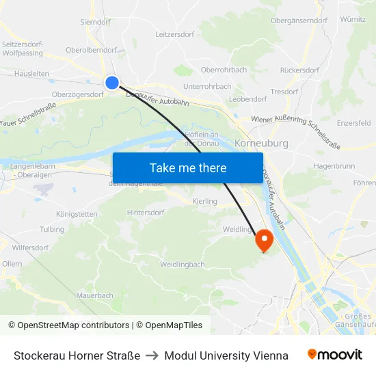 Stockerau Horner Straße to Modul University Vienna map