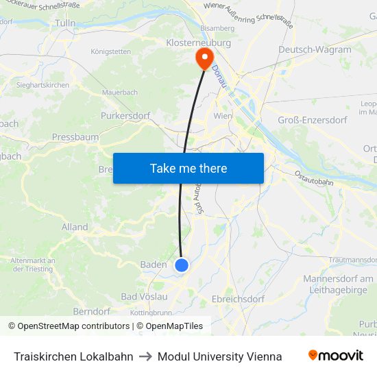 Traiskirchen Lokalbahn to Modul University Vienna map