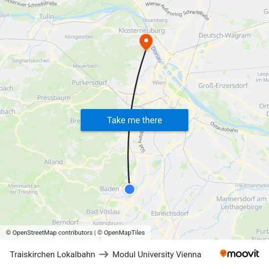 Traiskirchen Lokalbahn to Modul University Vienna map