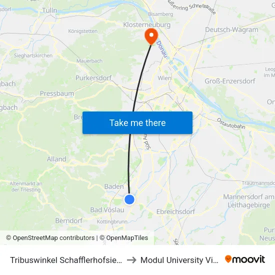 Tribuswinkel Schafflerhofsiedlung to Modul University Vienna map