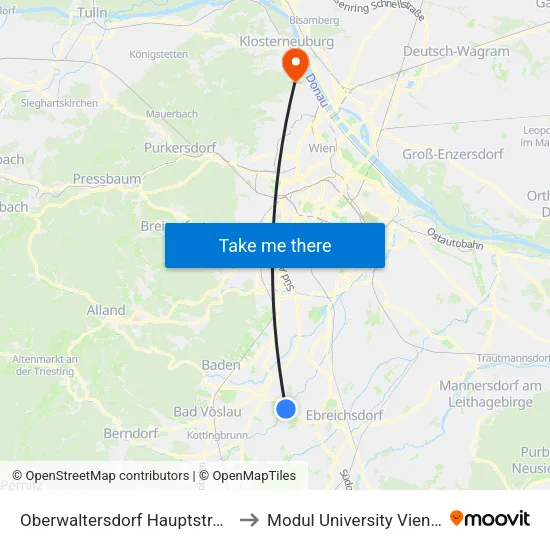 Oberwaltersdorf Hauptstraße to Modul University Vienna map