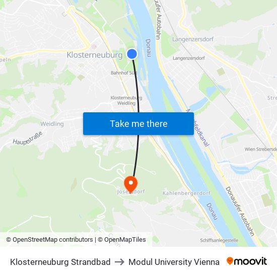 Klosterneuburg Strandbad to Modul University Vienna map