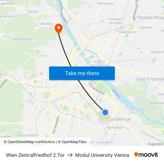 Wien Zentralfriedhof 2.Tor to Modul University Vienna map